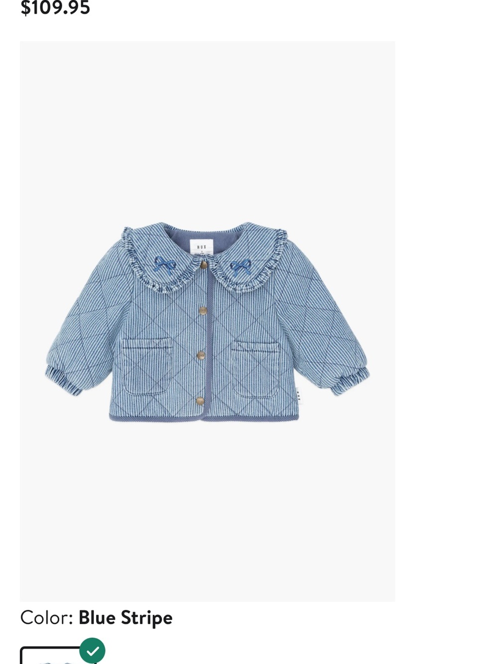 Blue Stripe Quilted Puff Jacket with Ruffle Collar
